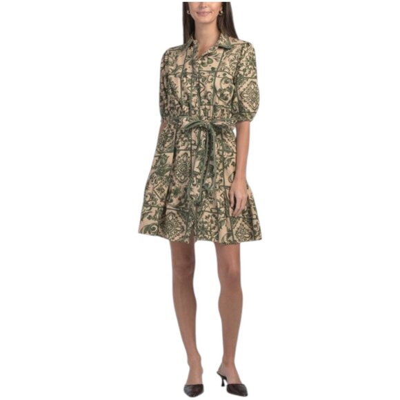 LEA Short Sleeve Tile Print Mini Dress With Belt - Picture 1 of 3